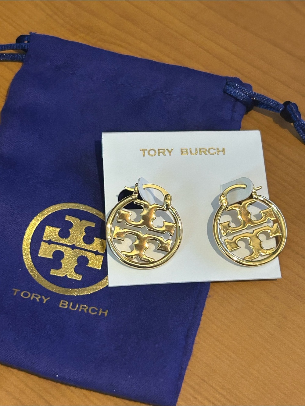 Tory Burch Small Gold Logo Circle Drop Hoop Earrings